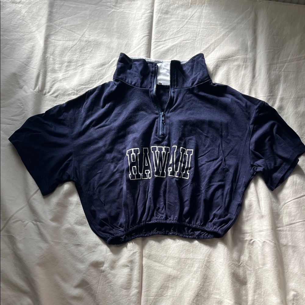 Navy Blue Hawaii Half-Zip Crop Top